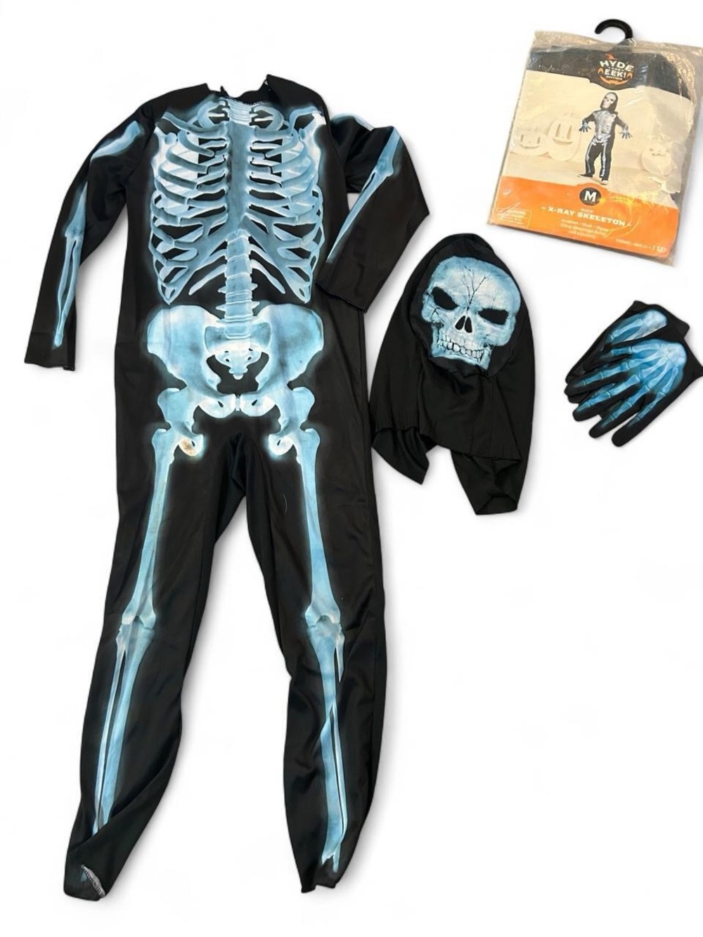X-Ray Skeleton Costume with Skull Hood and Gloves - Black & Light Blue